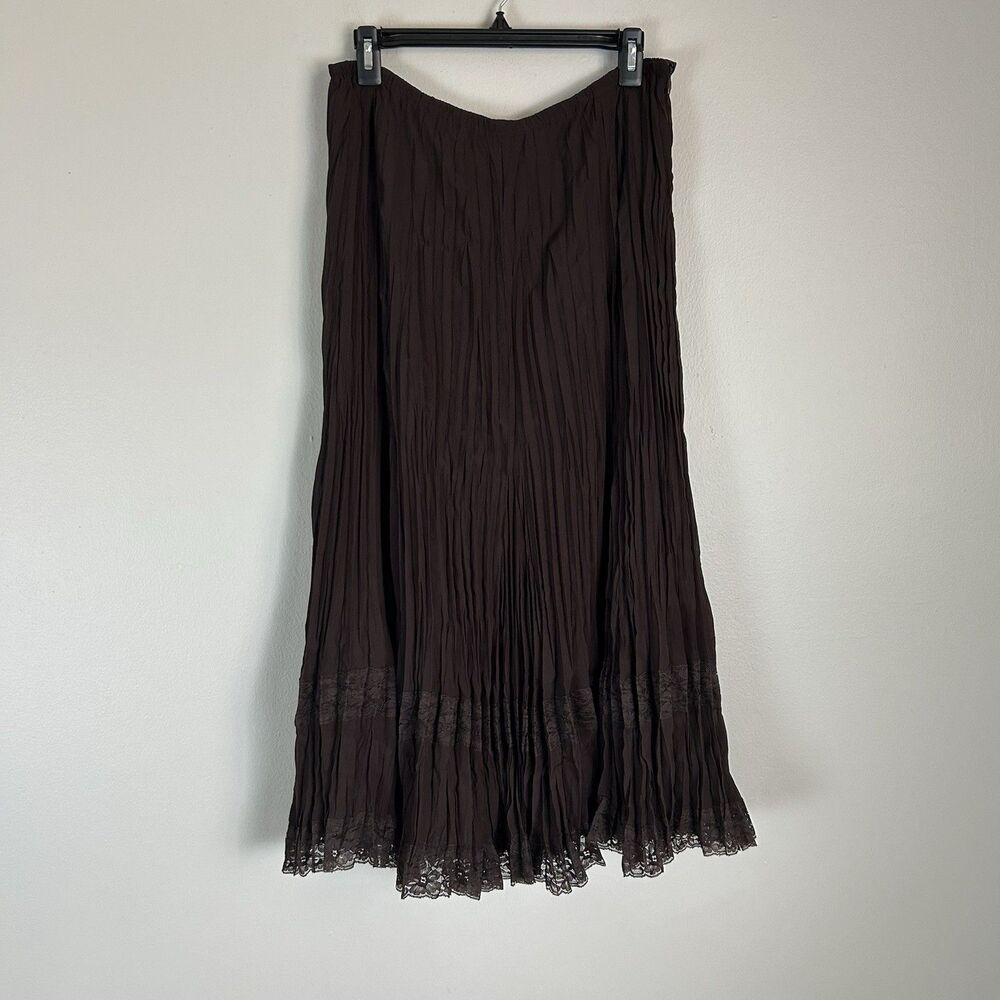 Size L Brown Fairy Grunge Skirt Midi Lace Hem Crinkle Crepe Pleated Chocolate - Picture 1 of 5